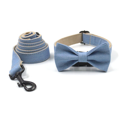Denim Pet Collar & Leash Set – Buckle Engraving with Dog Bow