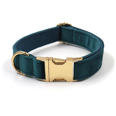 Sapphire Green Velvet Pet Collar & Leash – Gold Buckle Hardware