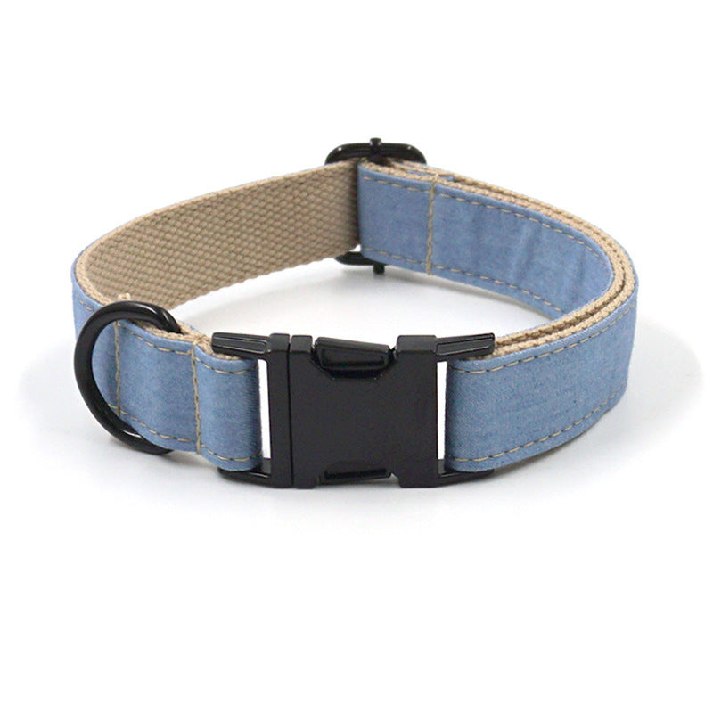 Denim Pet Collar & Leash Set – Buckle Engraving with Dog Bow