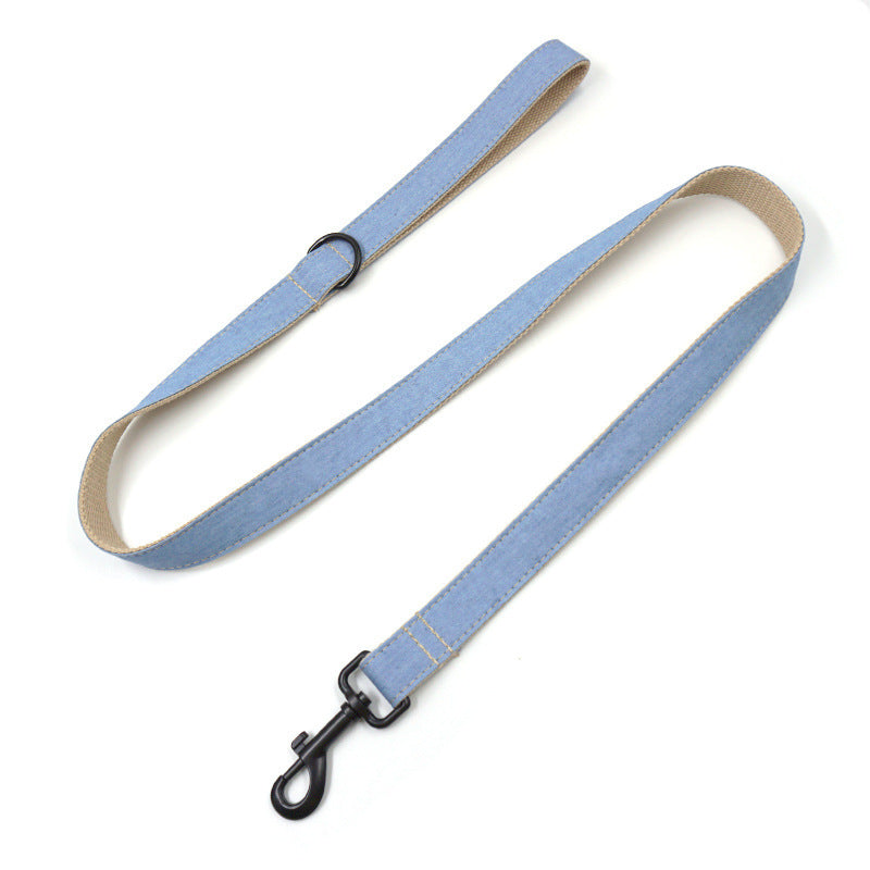 Denim Pet Collar & Leash Set – Buckle Engraving with Dog Bow