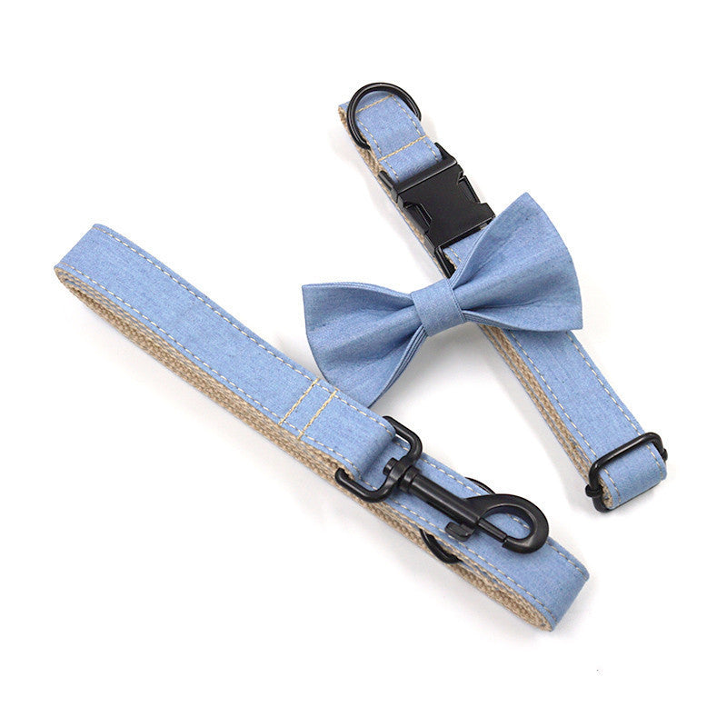 Denim Pet Collar & Leash Set – Buckle Engraving with Dog Bow