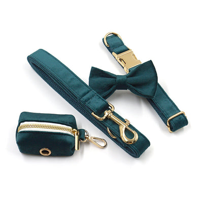 Sapphire Green Velvet Pet Collar & Leash – Gold Buckle Hardware