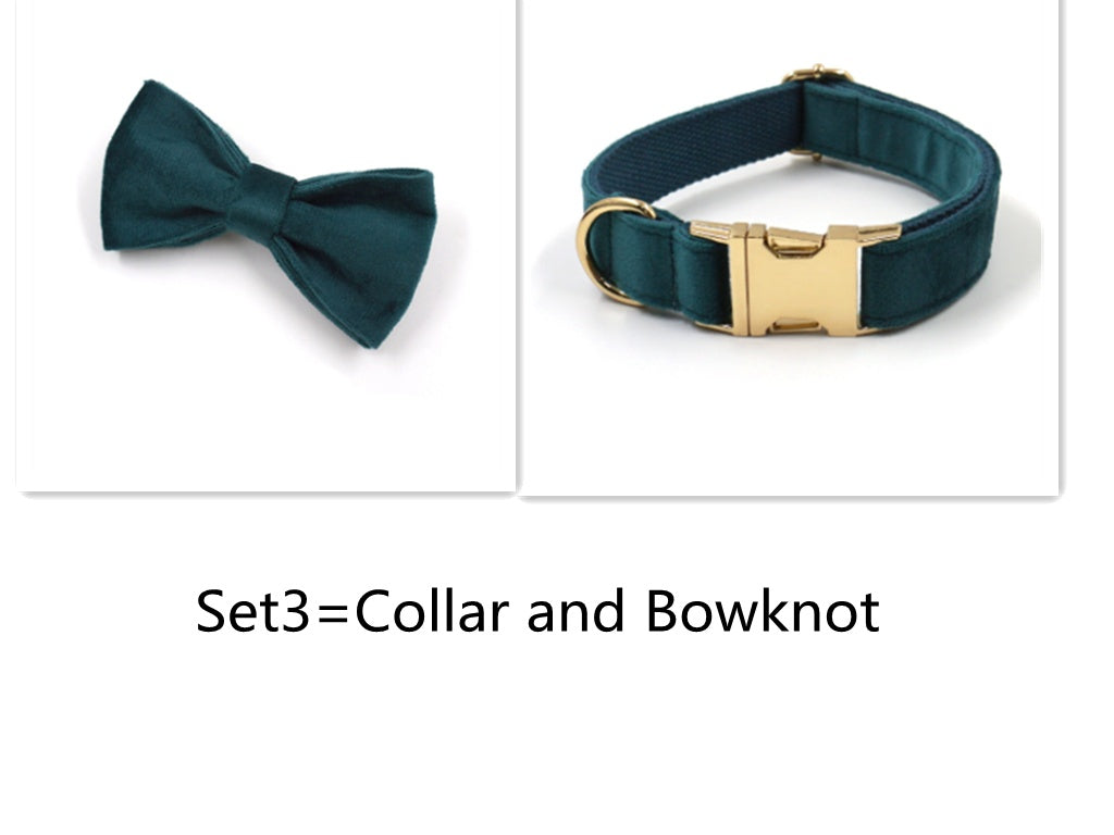 Sapphire Green Velvet Pet Collar & Leash – Gold Buckle Hardware
