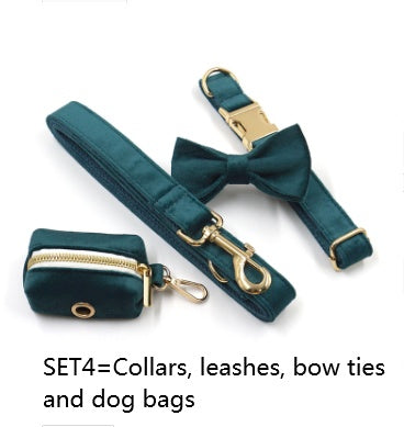 Sapphire Green Velvet Pet Collar & Leash – Gold Buckle Hardware