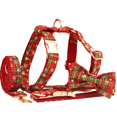 Christmas Pet Collar & Leash Set – Plaid Bowknot Design